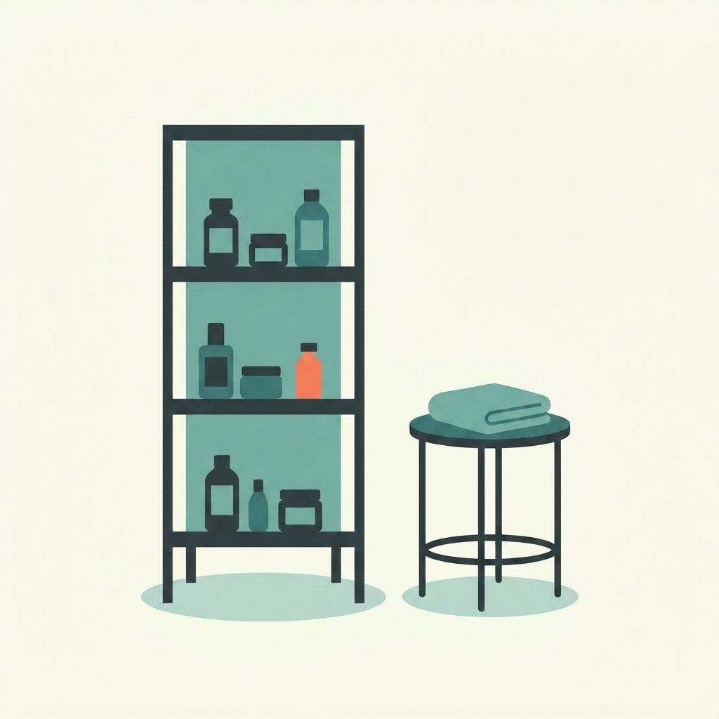 Illustration eines Regals mit Fläschchen und eines Beistelltischs mit Handtuch aus einer Therapiepraxis